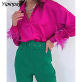 Yipinpay 2023 Spring Women New In Elegant Long Sleeve Spliced Feathers Solid Ladies Top Silk Satin Blouse Shirt For Woman Clothing