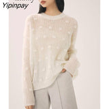 Yipinpay 2023 Winter Korean style Long Sleeve Loose White Sweater Women Minimalist Style Hollow Out Ladies Pullover Female Tops