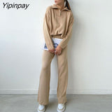 Yipinpay Knitted Two Piece Set Loose Sweater Tops And Pants Straight Leg Long Sleeve Zip Up Autumn Winter High Waist Sweaters Sets