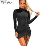 Yipinpay Sexy Ruched Bodycon Mini Dress Women Clothes Fall 2023 Long Sleeve O Neck Lace Up Draped Tight Dresses Woman Party Night