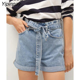 Yipinpay Cotton Curly Denim Shorts Women With Belts Pockets 2023 Summer Streetwear Blue Drawstring High Waisted Sexy Jean Shorts