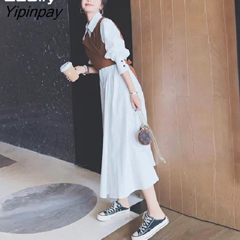 Yipinpay Spring Office Lady Two-piece suit Work Maxi Dress Women Long Sleeve Stripe Button Up Shirt Dresses Free Shipping Vestidos
