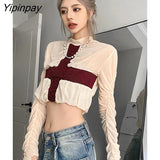 Yipinpay 2023 Summer Street Style Long Sleeve cross Appliques Women Short Blouse Sexy Ladies Chiffon Crop Top Club Female Clothing
