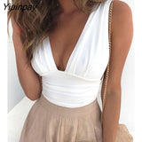 Yipinpay Women Summer Fashion Sexy Solid Plunge Ruched Casual Tank Top Crop Slim Sleeveless Skinny