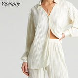 Yipinpay Pleated Printed Suit Women Long Sleeve V Neck Blouse And High Waist Pants Two Piece Sets Female Elegant Trousers Outfits