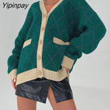 Yipinpay Block Plaid Knit Sweater Sexy Button Up Cardigan Long Sleeve Loose Tops V Neck With Pockets Streetwear Baggy Sweater Coats