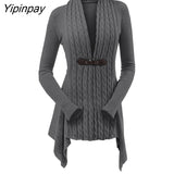 Yipinpay Knit Asymmetrical Long Cardigan Women Sweater Female Casual Solid V-Neck Long Sleeve Winter Cardigans