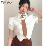 Yipinpay 2023 Summer Short Sleeve Women White Shirt Preppy Style Button Up Tie Ladies Crop Top JK Cosplay Female Clothing Tops
