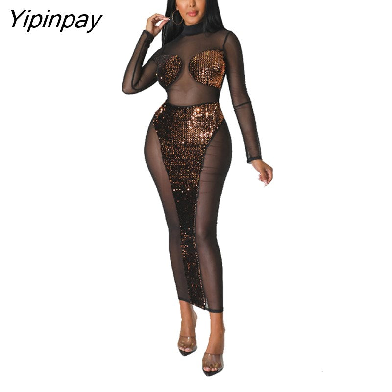 Yipinpay Women Turtleneck Sequins Mesh Patchwork Dress Sexy See Through Long Sleeve Bodycon Dresses 2023 Female Evening Prom Dress