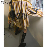 Yipinpay Street Style Oversize Letter Print Shirt Women Long Sleeve Striped Button Up Shirts Blouse 2023 Summer Loose Tops Clothes