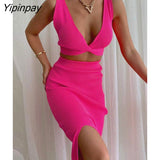 Yipinpay Women Knit Vest And Skirt Suits Female High Waist Side Split Skinny Skirts Set 2023 Summer Solid Sexy Backless Camis Outfits