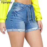 Yipinpay Sexy Denim Shorts Women 2023 Mid Waisted Lace Up With Button Zipper Pockets Female Autumn Washed Distressed Slim Jeans