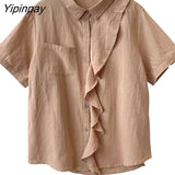 Yipinpay 2023 Summer Short Sleeve Cotton Shirt Women Korean style Ruffles Button Up Solid Ladies Blouse Tunic Casual Clothing Tops