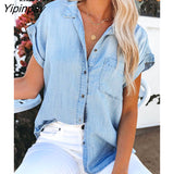 Yipinpay Women Wash Distressed Denim Shirt Blue Cardigan With Pockets Short Sleeve Turndown Collar Sexy Button Up Tops And Blouses