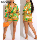 Yipinpay Printed Women Long Sleeve Shirt And Lace Up Shorts Set Female Fashion Lapel Blouse And Short Pants Two Piece Suit 2023