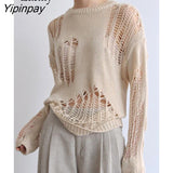 Yipinpay 2023 Autumn Long Sleeve Sweater Women Streetwear Hollow Out Loose O-Neck Ladies Knit Pullover Winter Female Clothing Tops