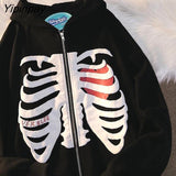 Yipinpay Women's Sweatshirt Skelet Printing Streetwear Oversized Zip Hoodie Long Sleeve Top Harajuku Korean Cardigan Jackets Goth Clothes 0406