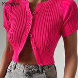 Yipinpay Women Knit Ribbed Crop Tops Sexy Button Up T Shirt 2023 New Summer Black White Cardigan Knitwear Basic Short Tees Bodycon Tops