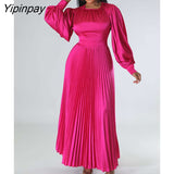 Yipinpay Satin Pleated Maxi Dress For Women Fashion O-neck Lantern Long Sleeve High Waist Lady Dress 2023 Summer Female Streetwear