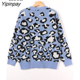 Yipinpay Leopard Print Knit Sweater Female Jumpers Warm Tops Pull Femme Streetwear Blue Khaki Knitted Sweaters For Women Pullovers