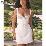 Yipinpay Women Lace Splicing Spaghetti Strap Dress Sexy Elegant Backless Strapless Solid Mini A-line Dresses 2023 Summer Club Party Robe