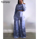 Yipinpay Women Tie Dyed Tracksuit Female Long Sleeve Cropped Blouse Loose Wide Leg Pants Two Piece Set 2023 Chic Street Lace Up Outfit