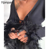 Yipinpay Women Sexy V-neck Feathers Lace Up Ribber Knitted Top Long Sleeve Skinny T-Shirt Tops 2023 Female Y2K Club Fashion Cropped Tees