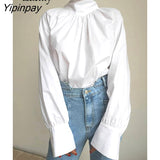Yipinpay 2023 Spring New Elegant Long Sleeve Women White Blouse Vintage Bow Stand Neck Woman Shirt Female Fashion Clothing Tops