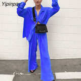 Yipinpay Piece Pleated Shirt Set Sexy Blouse Tops And Wide Leg Pants Women High Waist 2023 Autumn Long Sleeve Loose Outfits Pant Sets