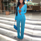 Yipinpay Woman Sexy Strapless Mesh Backless Trousers Suit Lady Perspective Breathable Long Sleeve Lace Up Casual Draped Pants Suit