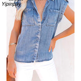 Yipinpay Blue Denim Shirt Women Tops And Blouses With Pockets Streetwear Short Sleeve Turndown Collar Button Up Sexy Jean Shirts