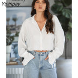 Yipinpay 2023 Spring Sexy Folds Flare Long Sleeve Women White Shirt Korea Style Button Up Woman Crop Tops Blouse Female Clothing