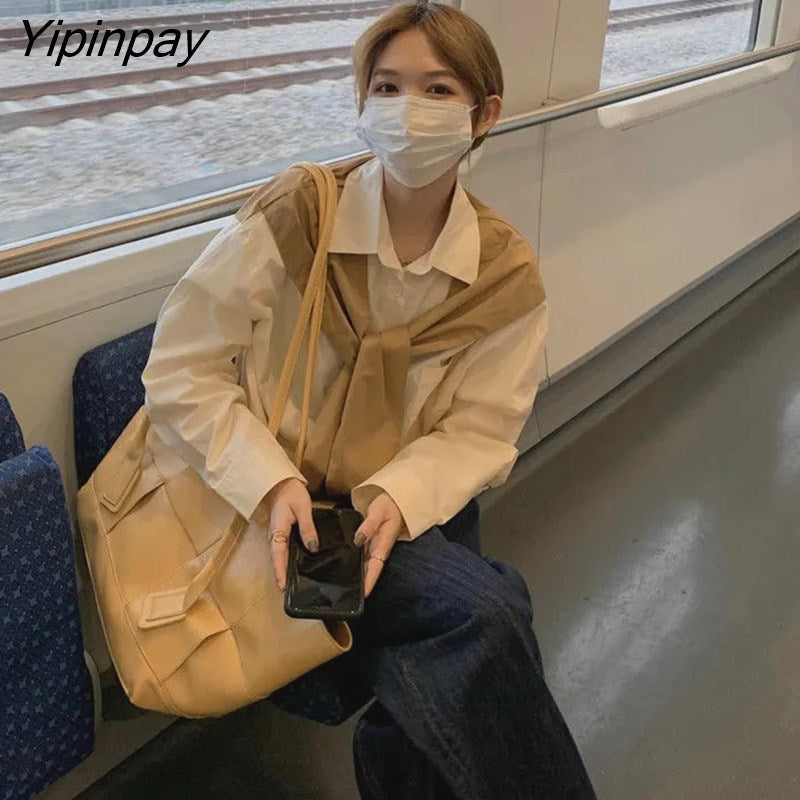 Yipinpay 2023 Autumn Long Sleeve Shawl Shirt Women Office Lady Button Up Patchwork Ladies Tunic Blouse Work Female Clothing Tops