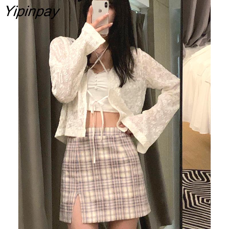 Yipinpay 2023 Summer Blouses Women Solid Shirt Sun-proof Daily Sweet Mesh Open Stitch Crop Tops Casual Soft Lace Design Clothing