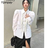 Yipinpay 2023 Autumn Long Puff Sleeve White Shirt Women Office Lady Tassel Button Up Tunic Blouse Work Female Clothing Tops