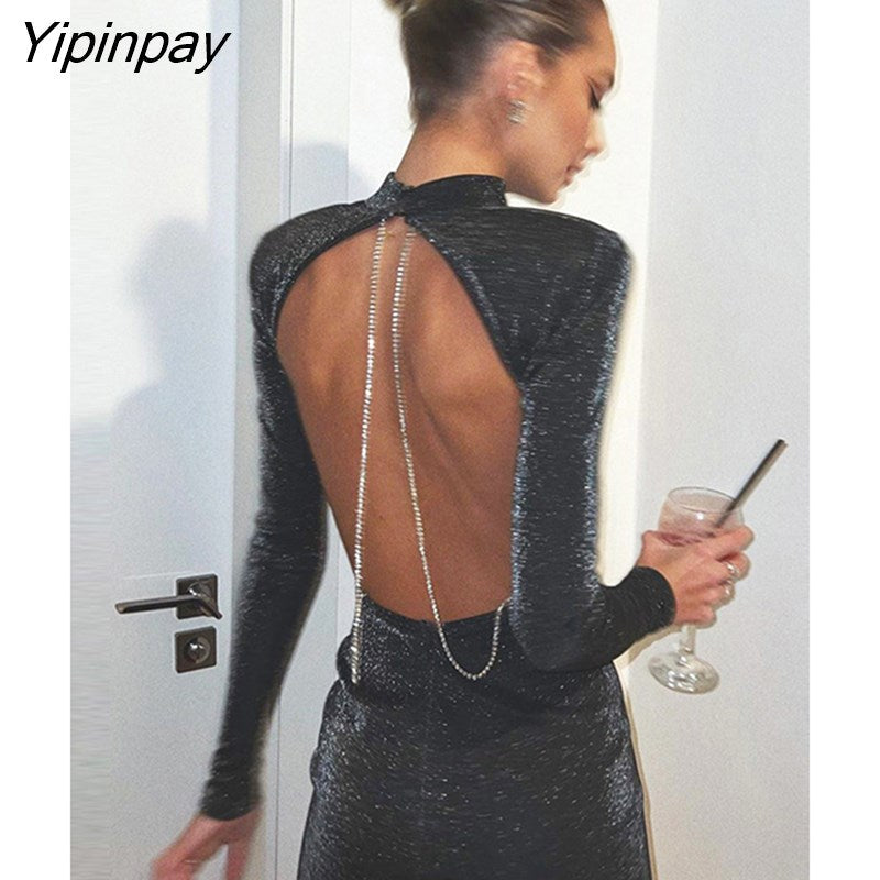 Yipinpay Sexy Black Backless Bright Silk Mini Dress Woman Long Sleeve O Neck Show Waist Dress Female Club Bar Banquet Sundress 2023