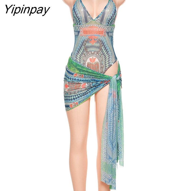 Yipinpay Sexy Deep V Neck Halter Neck Print Slim Dress Female Backless Sling Mini Dresses Lady Vacation Sleeveless Bohemia Dress