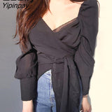 Yipinpay 2023 Summer Korean style Long Sleeve V Neck Chiffon Blouse Women Casual Transparent Slim Ladies Shirts Female Clothing