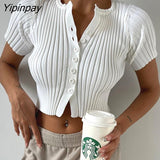 Yipinpay Women Knit Ribbed Crop Tops Sexy Button Up T Shirt 2023 New Summer Black White Cardigan Knitwear Basic Short Tees Bodycon Tops
