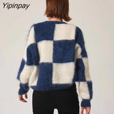 Yipinpay Winter Vintage Mohair Plaid Women Sweater Chic Long Sleeve O Neck Loose Ladies Pullover Fashion Warm Female Clothing Tops
