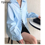 Yipinpay 2023 Autumn Streetwear Long Sleeve Bandage Blue Cotton Shirt Women Y2K Sexy Ladies Blouse Fashion Female Clothing Tops