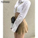 Yipinpay 2023 Summer Y2K Asymmetrical Long Sleeve White Shirt Women Sexy Button Slim Crop Tops Blouse Streetwear Female Clothing