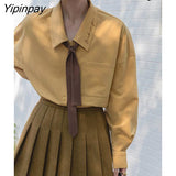 Yipinpay 2023 Spring Minimalist Long Sleeve Embroidery Shirt Women Korean Style Solid Tie Oversize Shirts Blouse Loose JK Tops