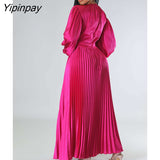 Yipinpay Satin Pleated Maxi Dress For Women Fashion O-neck Lantern Long Sleeve High Waist Lady Dress 2023 Summer Female Streetwear