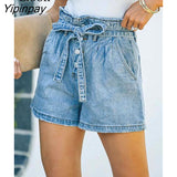 Yipinpay Blue Cotton Button Up Stretch Denim Shorts Women High Waist Streetwear With Pockets Drawstring Sexy Skinny Jean Shorts