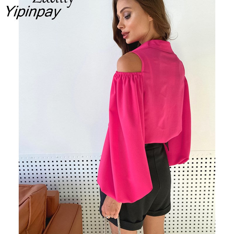 Yipinpay 2023 Spring Elegant Long Sleeve Women White Shirt Office Lady Button Up Off The Shoulder Woman Blouse Work Clothing Top