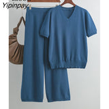 Yipinpay Two Piece Loose Set Women Slit Tops And Straight Leg Pants High Waist Streetwear 2023 Summer Knitwear Baggy Outfits Sets