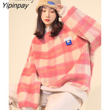 Yipinpay 2023 Winter Casual Plaid Print Women Sweatshirt Korean Style Loose O Neck Long Sleeve Ladies Hoodies Female Pullover Tops