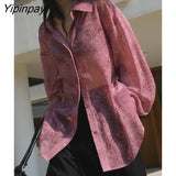 Yipinpay 2023 Spring Sexy Long Sleeve Floral Embroidery Shirt Blouse Women Lace Transparent Button Up Oversize Female Shirts Tops