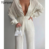Yipinpay Pleated Printed Suit Women Long Sleeve V Neck Blouse And High Waist Pants Two Piece Sets Female Elegant Trousers Outfits